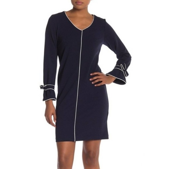 Sharagano Navy Shift Dress with Ivory Piping NWT - Picture 2 of 11